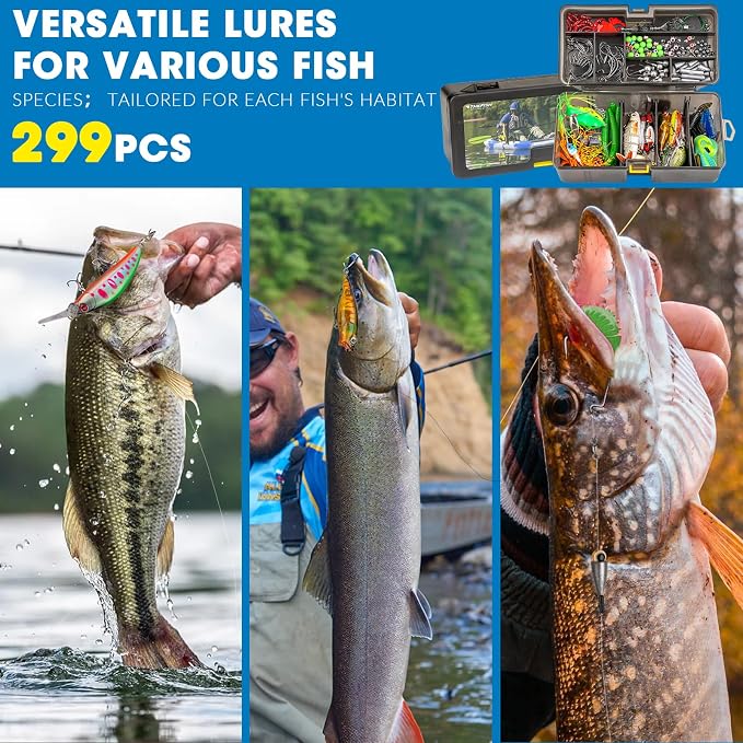 THKFISH Fishing Lures Kit, Bass Fishing Gear Kit for Freshwater Tackle Box with Tackle Included Topwater Baits, Swimbaits, Frog, Fsihing Bait Accessories Gift for Men