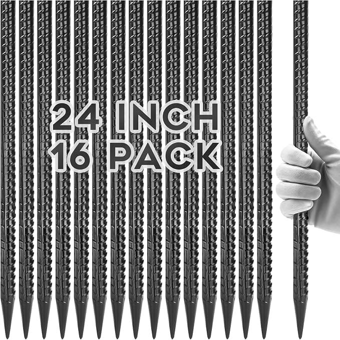 Gbekery 24 Inches Rebar Stakes(16pcs) Heavy Duty Straight Metal Ground Anchors with Chisel Point Ends for Timber,Concrete,Plant Support,Camping Tents,1/2 Inch Thickness Garden Stakes,Black