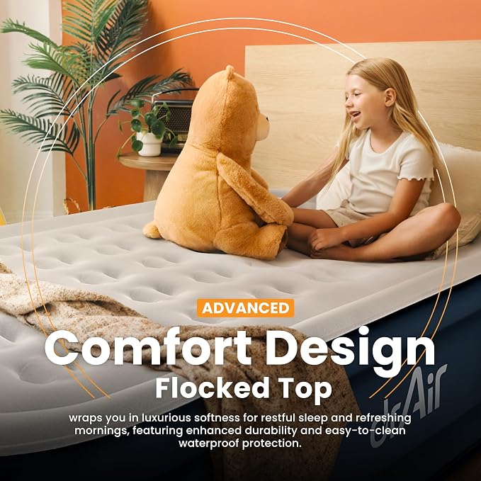 Dr. air Full Air Mattress, 18” Raised Inflatable Bed with Built-in Pump, Waterproof Velvety Top, Ergonomic Design, Reinforced Support, and Carry Bag for Home, Camping, and Guests