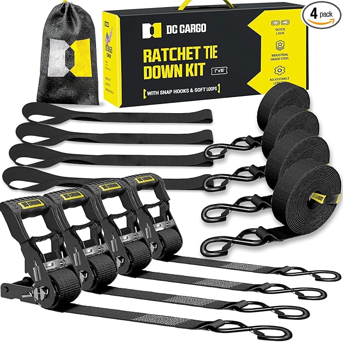 DC Cargo Mall Ratchet Straps Tie Downs 4 Pack (1,800 LB Break Strength) 1" x 15 Feet Tie Down Straps with Safety Lock S Hooks for Cargo, Trucks, Appliances, Moving.