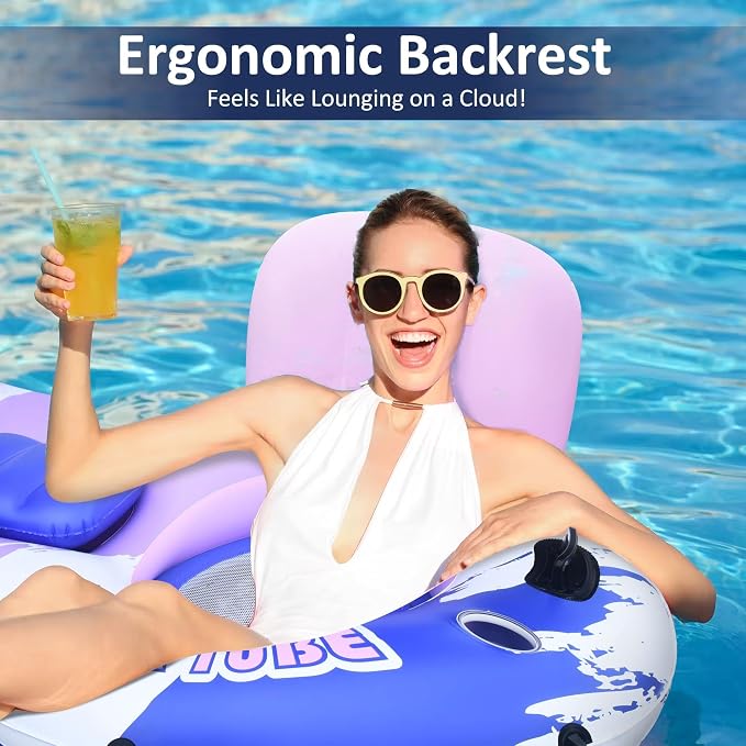 Heavy Duty 2 Person Floats for Adults, 91" X 50" Inflatable River Tube, Adult Floats for Lake, Swimming Tubes with Backrests, 2 Cup Holders, Storage Compartment
