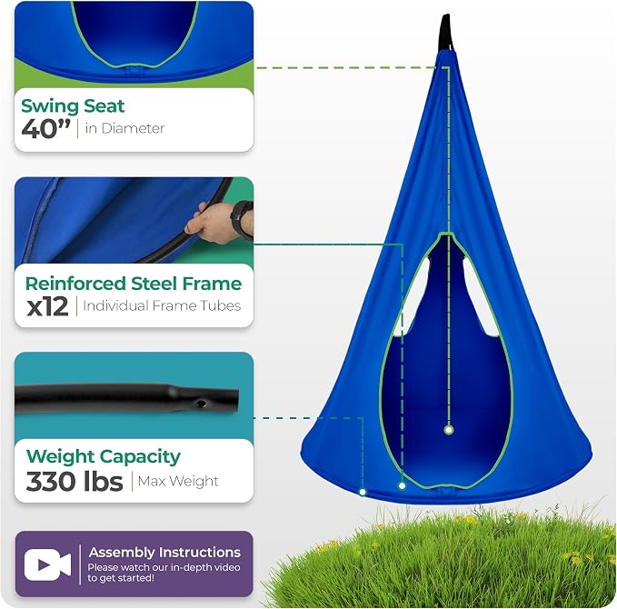 Sorbus Pod Swing for Kids - Durable Hanging Hammock Chair w/Adjustable Rope - 2 Windows & 1 Entrance - Tree Tent Sensory Swing for Kids Indoor Outdoor Use - 250lbs Sturdy Nest Swing - (40", Blue)