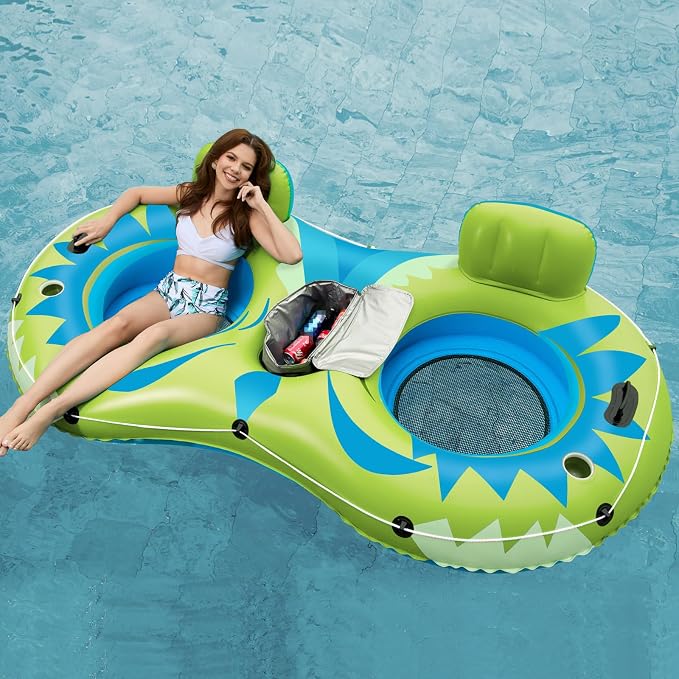 Jasonwell Inflatable River Tube Float - 2 Person Heavy Duty River Float Pool Floats with Removable Cooler Lake Water Tubes for Floating River Raft Lounge Floatie with 2 Cup Holders for Adults (YG)