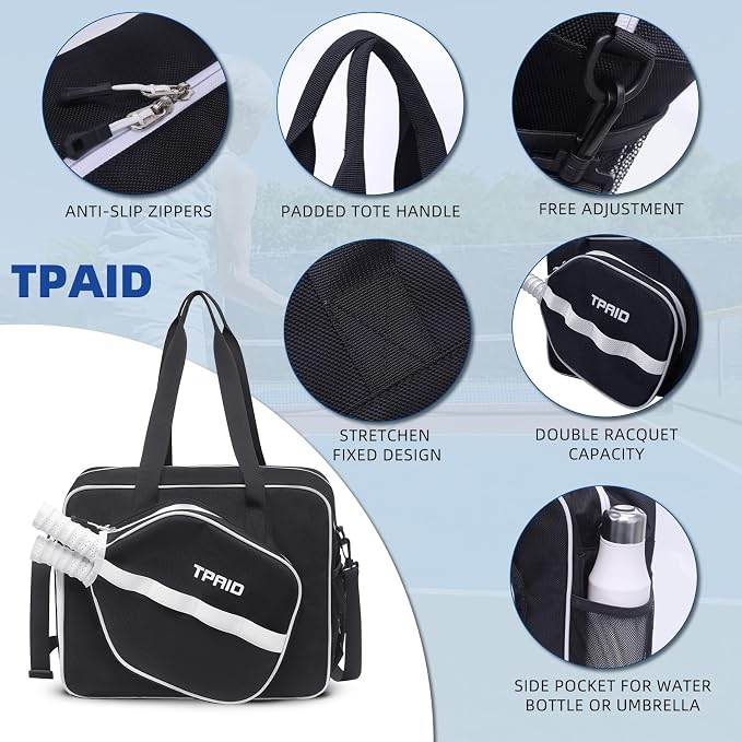 TPAID Pickleball Bag with Shoes & Wet Pocket, Court Bag for 2 Paddles