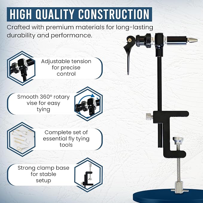 Rotary Fly Tying Vise for Beginners – 360° Sturdy Clamp Base Black Fly Vise/Complete Fly Fishing Tools Kit | Fly Tying Materials Kit | Fly Tying Kit Accessories for Fishing Enthusiasts