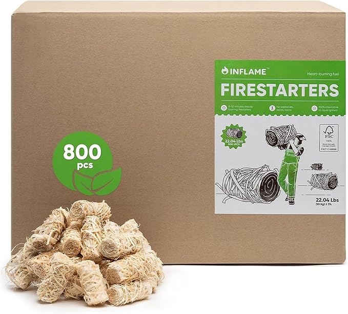 Inflame Fire Starters 800 pcs - Fire Starters for Campfires, Charcoal, Grill, BBQ, Fireplace, Chimney, Woodstove - Waterproof, Weather-Resistant - Natural Wood Starters