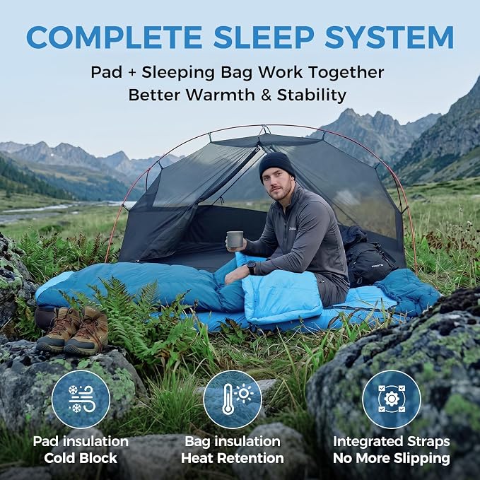 ATEPA Backpacking Sleeping System, 3-Season Ultralight 6.6 R-Value Insulated Inflatable Sleeping Pad & 700FP Down Sleeping Bag for Camping Hiking Car Camping, Blue & Black