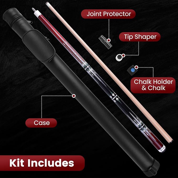 Pool Cue Kit - Stained Maple 58 Inch Pool Stick with Hard Case and Accessories for Billiards Enthusiasts