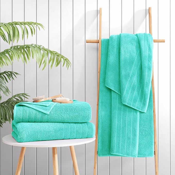Casa Platino 100% Cotton Bath Towels Set of 4 (30"x60") - Ring Spun Mercerized Cotton Bathroom Towel Set - Quick Dry, Soft & Absorbent Large Bath Towels - Holds Well After Multiple Washes - Aqua Sky
