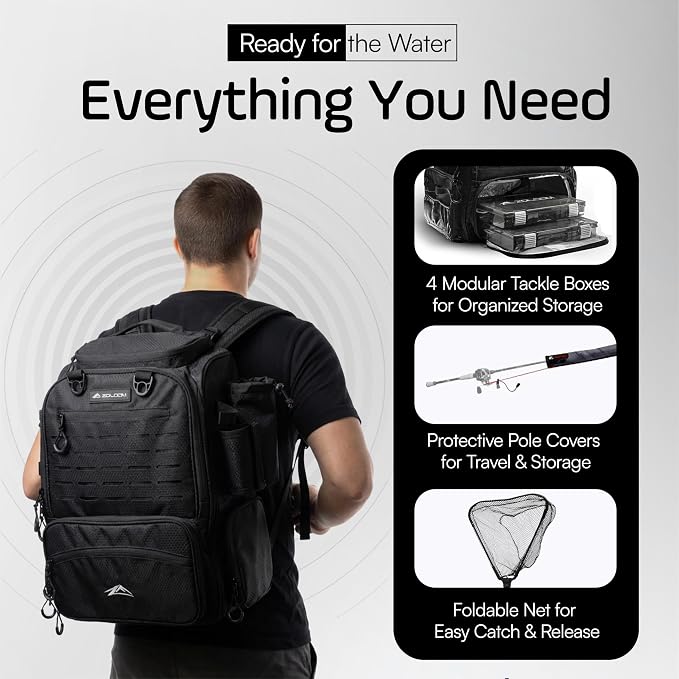 Waterproof Fishing Backpack with Tackle Boxes, Rod Holder & Foldable Net - 40L Fishing Tackle Bag with Trays Included, Extra Storage Gear and Equipment, Rain Cover, Fisherman Gift for Men
