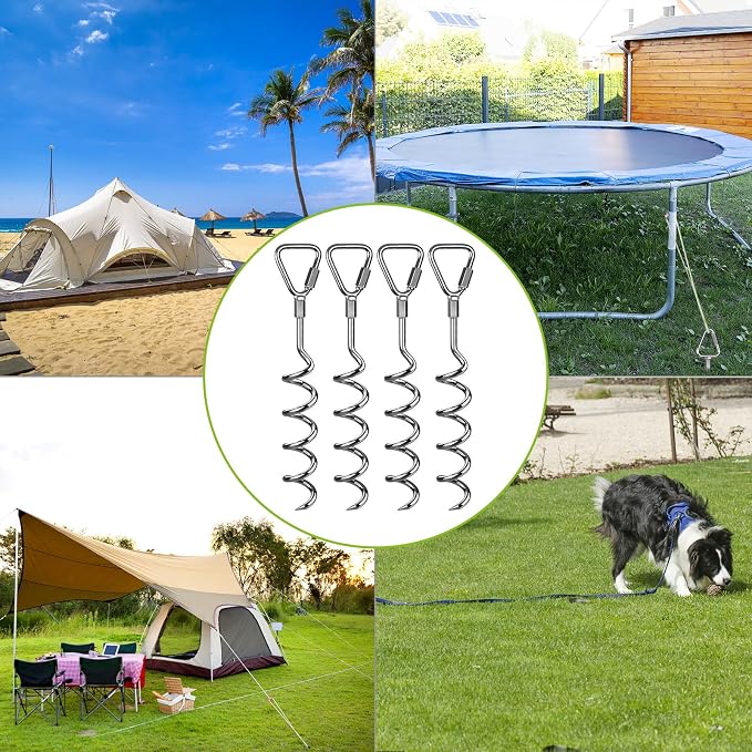 Insaga 17" Heavy Duty Ground Anchors Screw in - 4 Pack Chrome Plated with Reinforced Triangle Bracket for Trampoline, Swing Set, Shed, Mobile Home, Carport - High Wind Resistance for All Soil Types