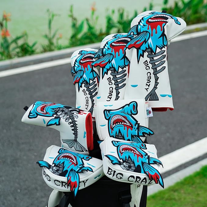 Big Crazy Golf Head Covers, Golf Club Covers Funny, Driver Headcovers, Golf Club Covers, Fairway Woods Head Covers, Hybrids Headcover, Putter Cover with Soft Lining for Golf Gift Hammerhead Sharks