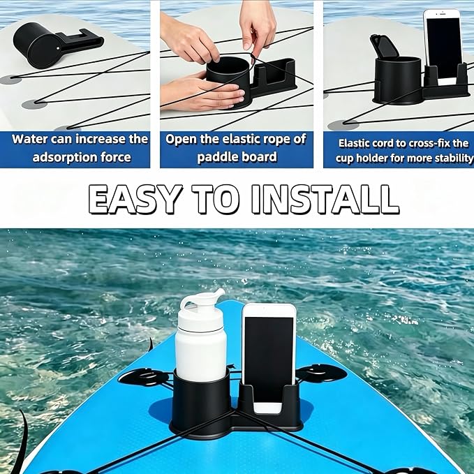 Paddle Board Cup Holder, Kayak Cup Holder, 2 in 1 Drink & Phone Holder, Paddle Board Accessories & Kayak Accessories for SUP, Canoe, Surfboard and Boat（Black）