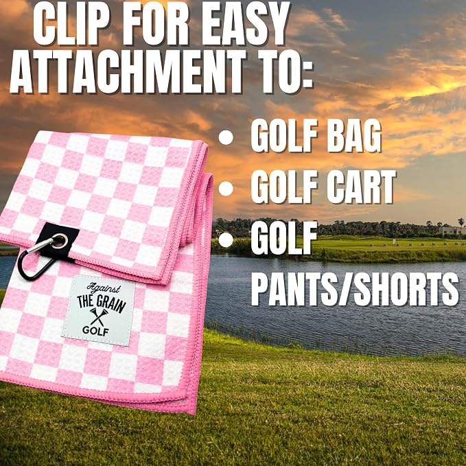 Against The Grain Microfiber Pink Golf Towel for Golf Bags Women with Clip - (12"x20") Blue & White Checkered Design Golf Club Towel, Womens Golf Towel, Golf Gifts for Women, Pink Golf Accessories