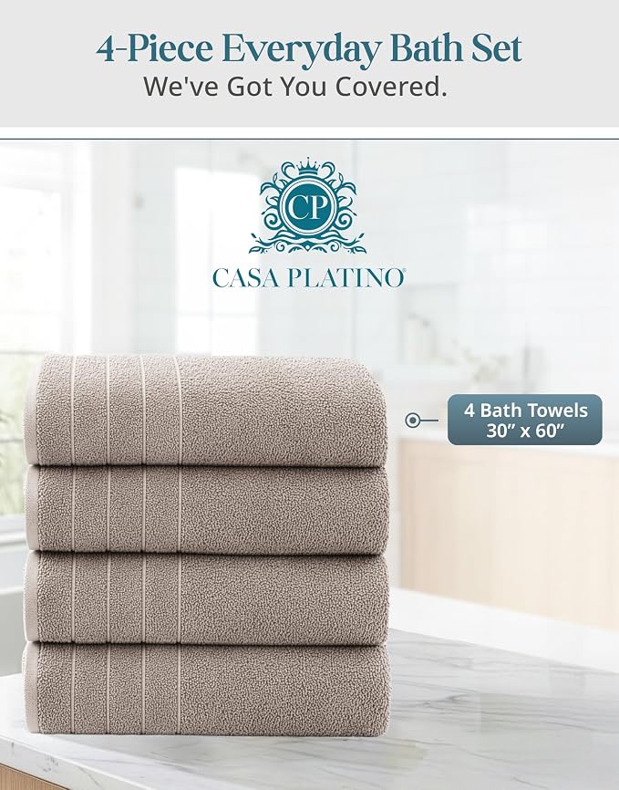 Casa Platino 100% Cotton Bath Towels Set of 4 (30"x60") - Ring Spun Mercerized Cotton Bathroom Towel Sets - Quick Dry, Soft & Absorbent Grey Towels Set - Pre Shrunk, Fade Resistant - Platinum