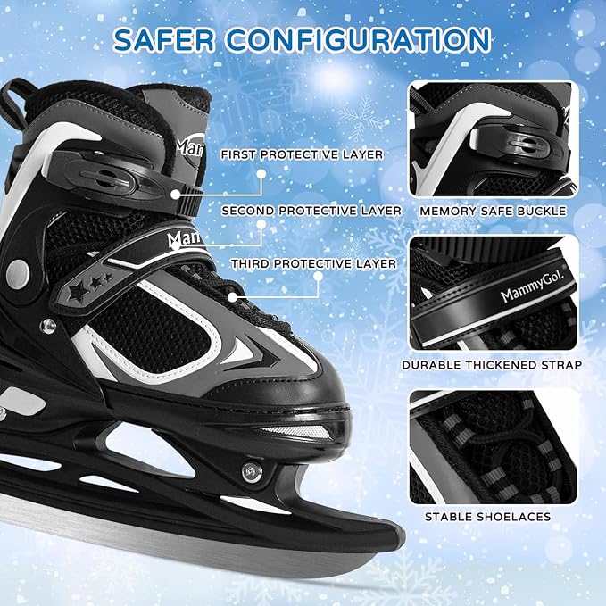 MammyGol Adjustable Ice Skates for Kids Youth Tean Hockey Lace-Up Boys or Girls Ice Skate for Beginner Age 4-12 Blue Black Teal Green