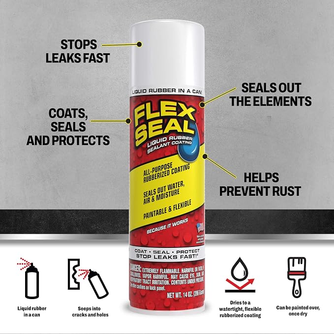Flex Seal, 14 oz, 2-Pack, White, Stop Leaks Instantly, Waterproof Rubber Spray On Sealant Coating, Perfect for Gutters, Wood, RV, Campers, Roof Repair, Skylights, Windows, and More
