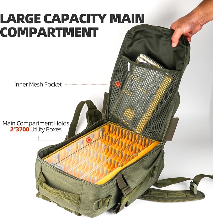 RUNCL Fishing Tackle Backpack, Lightweight Portable Gear Bag, Soft & Comfortable All Day Carry Design, Large Capacity Multi-Pocket Organizer Storage for Bass Fishing, Kayak, Bank & Shore Anglers