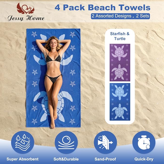 Jessy Home Microfiber 4 Pack Beach Towel Set, 40x70in Oversized Beach Towel, Quick-Dry Sand-Free Highly Absorbent Swim Towel, Soft Pool Towel, Marine Mixed Prints of Starfish & Sea Turtle for Vacation