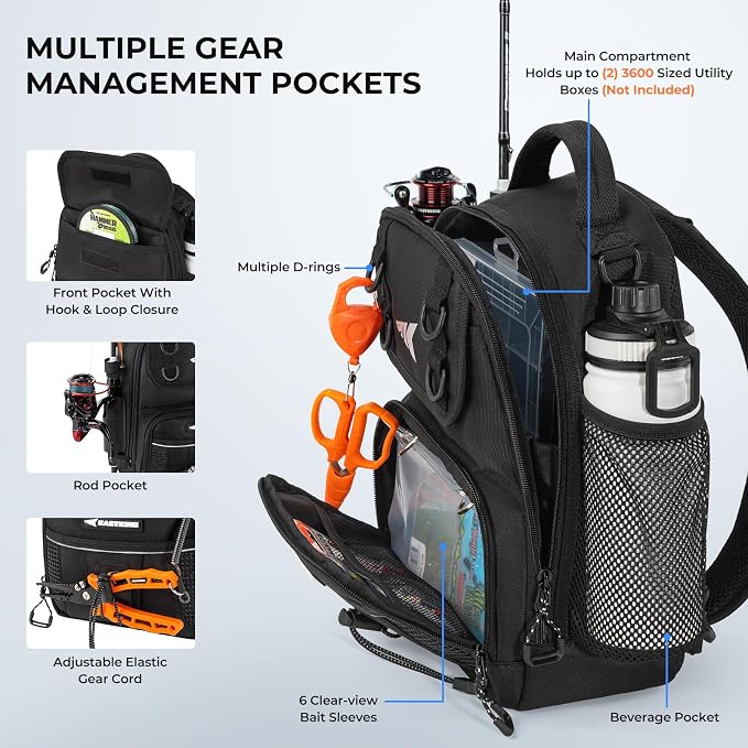 KastKing BaitSpace Fishing Sling Bag, Fishing Backpack with Rod & Beverage Holder, Tackle Bag for Fishing Gear