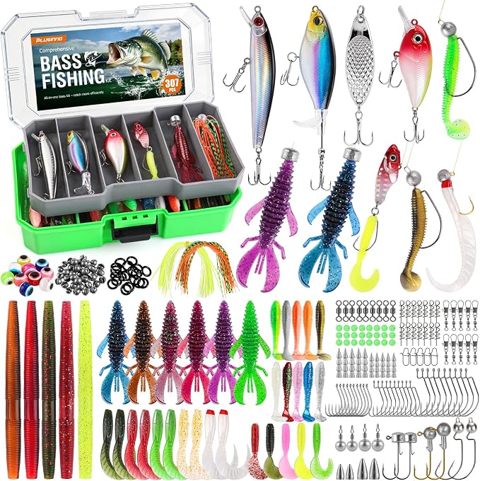 PLUSINNO Bass Fishing Lures Tackle Box Kit for All Water, 307 pcs | Pro Bass Fishing Gear Kit, for Freshwater Lake, Largemouth Bass, 6 Pre-rigged Jigs, Fishing Lure Set Gifts for Men Beginners