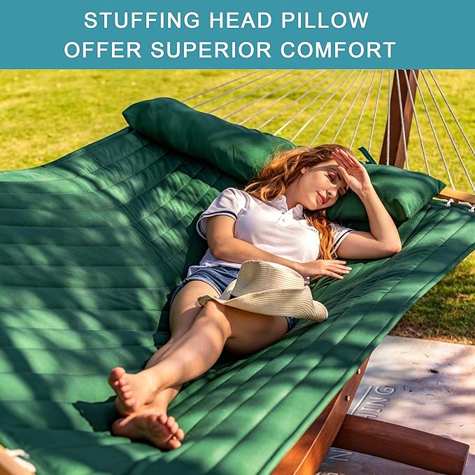 Lazy Daze Hammocks 12 FT Double Quilted Fabric Hammock with Spreader Bar and Detachable Pillow, 2 Person Hammock for Outdoor Patio Backyard Poolside, 450 LBS Weight Capacity, Dark Green