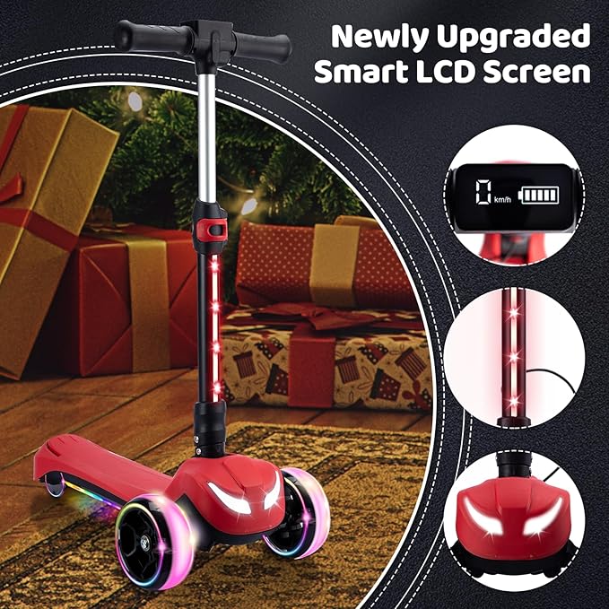 Electric Scooter for Kids w/150W Powerful Motor, Thumb Throttle, LCD Screen, Bluetooth, Light-Up Stem Deck & Wheels, 3 Adjustable Heights, 5MPH Safe Speed, 3 Wheel Electric Scooter for Kids