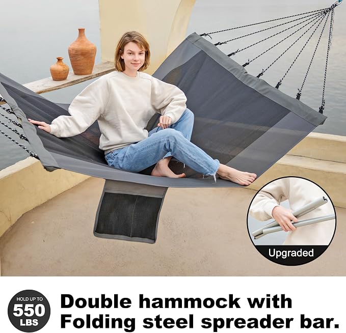 GAFETE 14ft 2 Person Hammock for Outside, Quick Dry Textilene, Portable Hammocks Without Stand with Folding Steel Spreader Bar, Carrying Bag, Tree Straps, Pillow & Sidebag, 550 lbs Capacity (Gray)