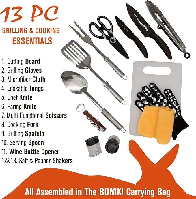 13 PC Grilling and Camping Cooking Utensils Set for The Outdoors BBQ - Stainless Steel Camp Kitchen Set Cookware Grill Tool Accessories Kit with Lightweight Stylish Crossbody Carrying Bag (Brown)