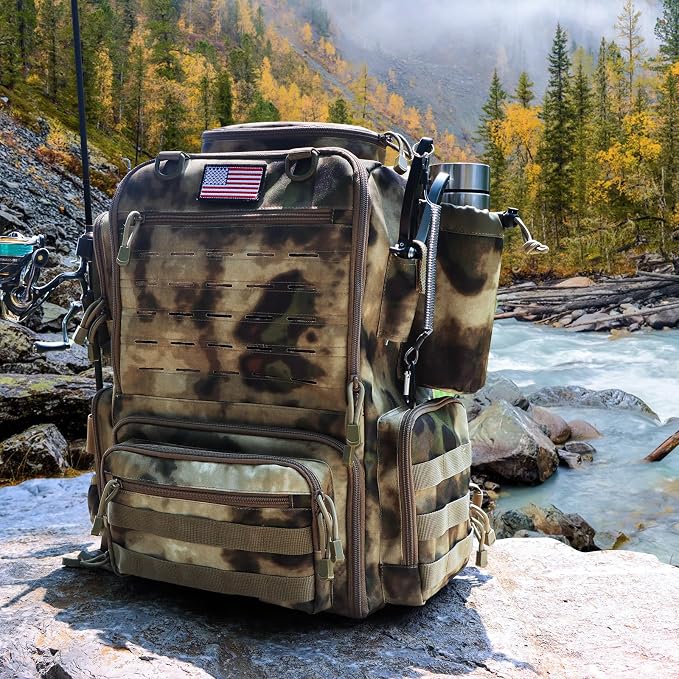 Fishing Backpack, Fishing Tackle Backpack with Rod Holders for 4 Boxes (Box Not Included) 45L Waterproof Fishing Gear, Ideal for Men and Women Large Tackle Box Bag (Sahara Khaki Camo)