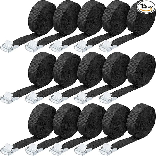Riakrum 15 Pack 6.5 Feet Lashing Straps Adjustable Kayaks Tie Down Cam Buckle Straps with Buckles up to 250lbs for Cargo, Luggage, Motorcycles, Truck, Car Roof Rack, Sup Surfboard(Black)