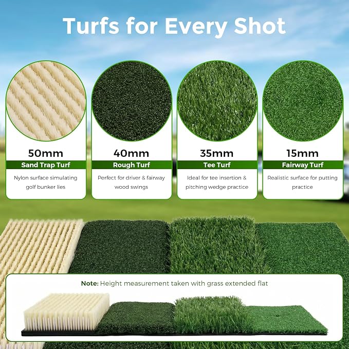 4-in-1 Foldable Heavy-Duty Golf Hitting Mat, Sand & Tee Turf, Anti-Slip Backing，for Swing/Chip/Putting Practice，Golf Practice Mat with Golf Mat Tees