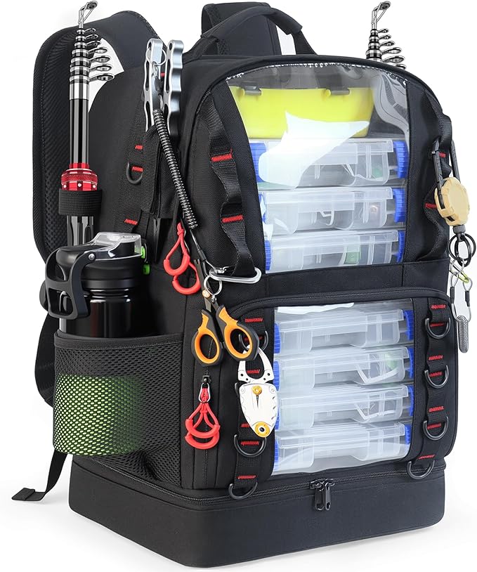Fishing Tackle Backpack with Cooler,45L Large Tackle Bag with 2 Rod Holders & Clear Window,Outdoor Fishing Backpack for Fishing,Camping,Hiking,Black