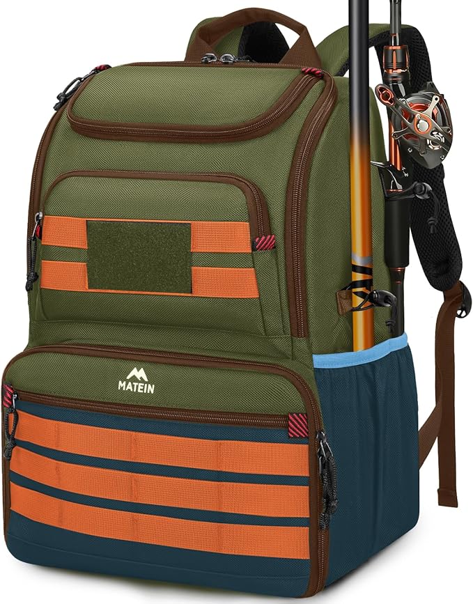 MATEIN Fishing Backpack Tackle Box, Water Resistant Tackle Backpack with Cooler & Rod Holders, Fishing Gifts for Men