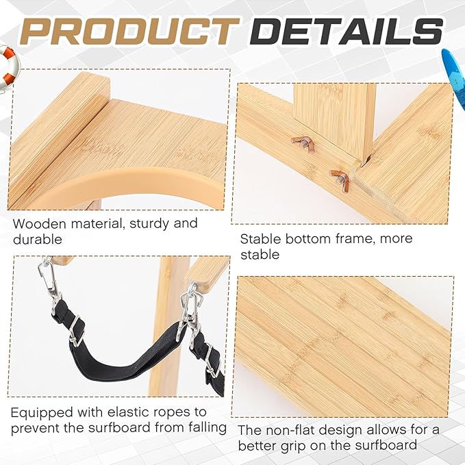 CroBlissful Surfboard Rack Freestanding Vertical Surf Board Stand for 4 Boards Bamboo Display Rack for Shortboard, Snowboard, Skateboard, Ski and Wakeboard