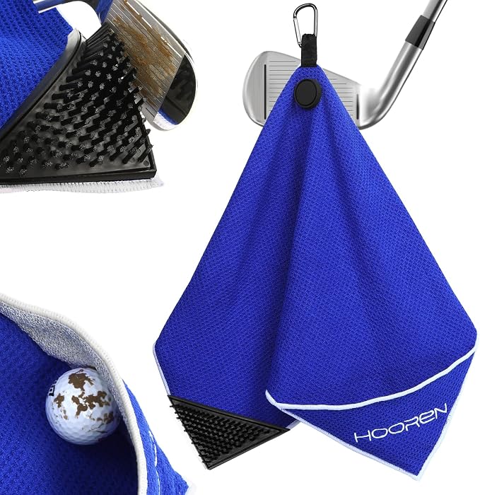 Magnetic Golf Towel with Brush & Cleaning Pocket, 4-in-1 Golf Cleaning Kit 3 Stage Cleaning System Golf Club Cleaning Kit, Microfiber Waffle Golf Accessories 15.7" X 23.6", Blue
