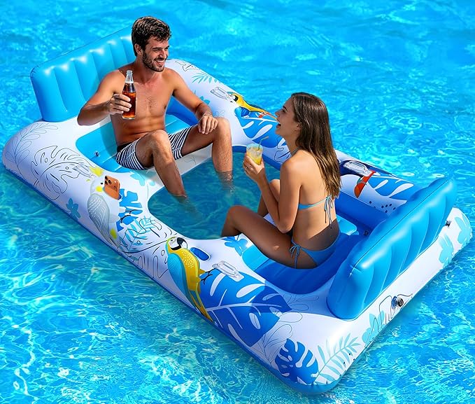 FluSing 2 Person Inflatable Pool Float Adult,87” x 44” Extra Large Inflatable Tanning Pool Lounger Float with Cup & Phone Holders,Pool Float Chair Heavy Duty,Sunbathing Pool Lounger Raft Pool Floaties