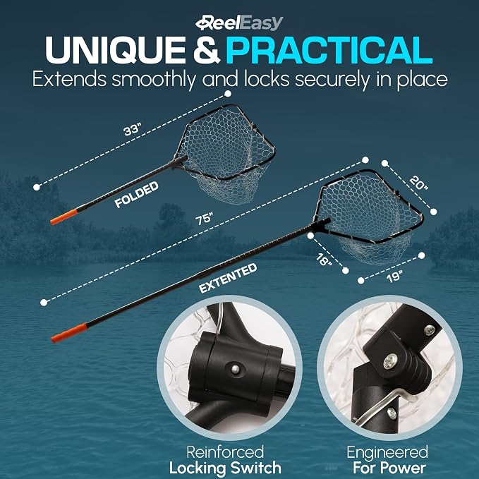 Large Fishing Net with Extendable Telescopic Handle – Foldable, Lightweight Landing Net with Built-in Size Measurement – for Freshwater, Saltwater, and Beach Fishing