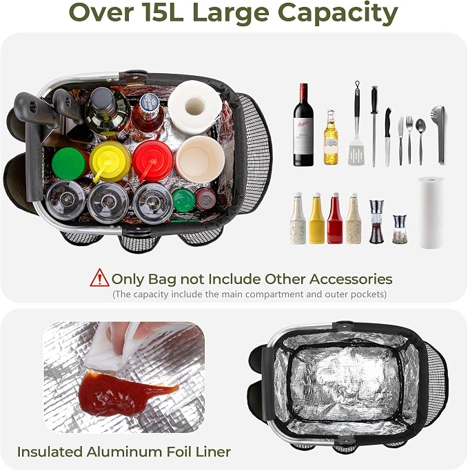 PGmoon Grill and Picnic Caddy, Foldable BBQ Tool Caddy with Rotated Handle, Multi-Pocket Grill Utensil Storage Bag for Outdoor Camping Picnic Patio Barbecue Accessories, Green