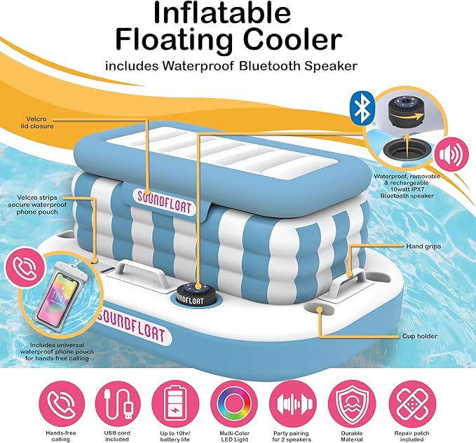 Inspired Living Inflatable Cooler with Lid, Bluetooth 5 IPX7 Waterproof Speaker, 6 Cup Holders, 24 Can Capacity, Floating Pool Bar, Durable Handles, Beach Party, Pool Accessories for Adults,