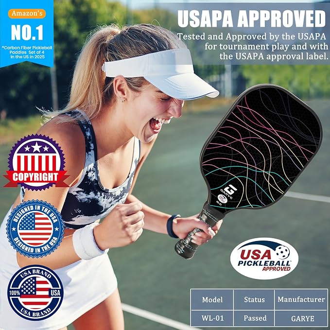 GARYE Pickleball Paddles Set of 2 or 4, USAPA Approved Carbon Fiber Pickleball Set, Lightweight Pickle Ball Rackets 2 Pack with 6 Balls, 1 Bag, Pair of Grip Tapes, Pickle Ball Paddle for Men and Women
