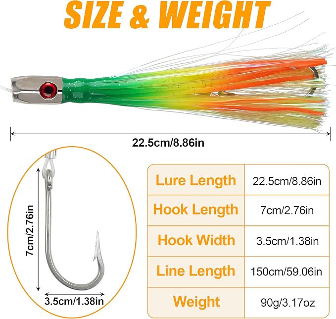 Trolling Lures Saltwater for Tuna Mahi Marlin Wahoo Dolphin Shark Offshore Trolling Baits with Squid Skirt Big Game Fishing Lures Deep Sea Squid Skirts Rig 6/9 inch