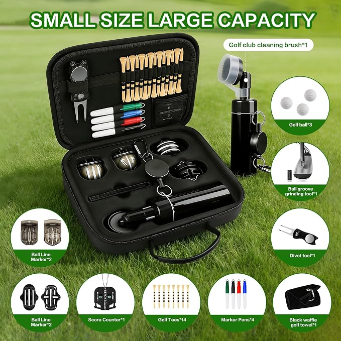 30Pcs Golf Accessories Kit with Towel, Club Brush & Groove Cleaner, Golf Balls, Tees, Score Counter, Ball Line Marker Tool, Divot Repair Tool Color Ball Markers Pen–Golf Gift for Men Golfers