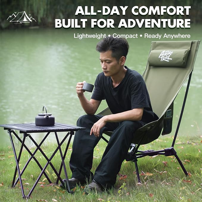AuroraTrail High Back Folding Camping Chair with Pillow – Lightweight Portable Outdoor Chair with Cup Holder & Carry Bag, Sturdy Aluminum Frame Supports up to 374 lb for Camping, Hiking & Festivals