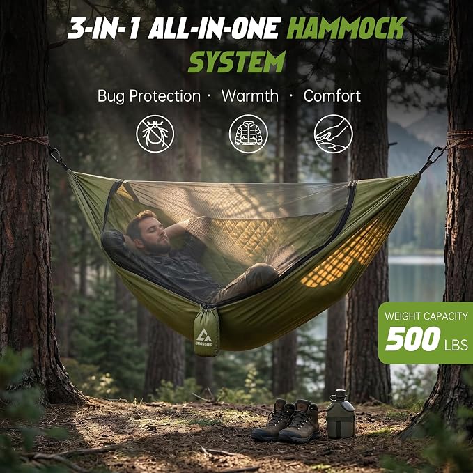 Camping Hammock with Mosquito Net with Built-in Underquilt - Built-in Quilt for Lightweight Soft Warm 4 Seasons, Great for Hiking Backpacking Camping Travel(Hold Up to 500lbs) - Olive Green