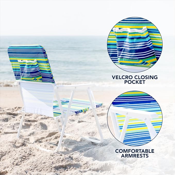 Caribbean Joe Folding Beach Chair, 1 Position Lightweight and Portable Foldable Outdoor Camping Chair with Carry Strap, Blue and Lime Stripe