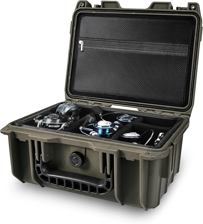 Fishing Reels Storage Case 13 Inches,Heavy Duty Waterproof Fishing Wheel Protective Hard Case, Tackle Collection Holder Box, 6pcs Adjustable Shockproof Dividers (Green with mesh bag)