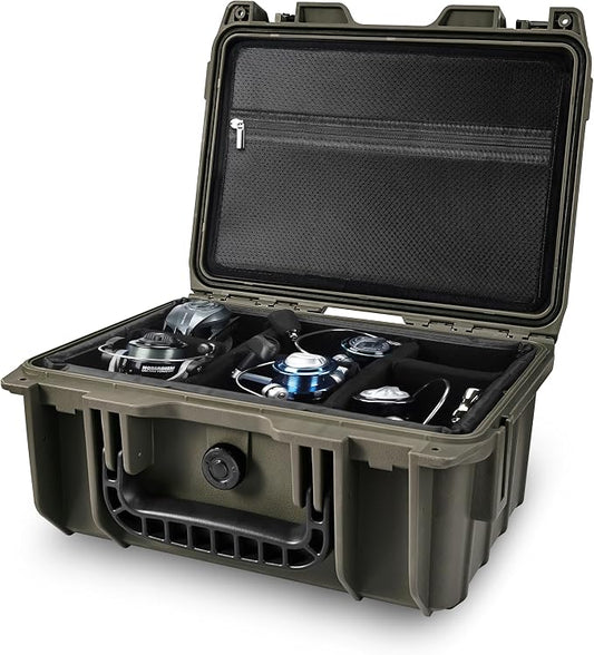 Fishing Reels Storage Case 13 Inches,Heavy Duty Waterproof Fishing Wheel Protective Hard Case, Tackle Collection Holder Box, 6pcs Adjustable Shockproof Dividers (Green with mesh bag)