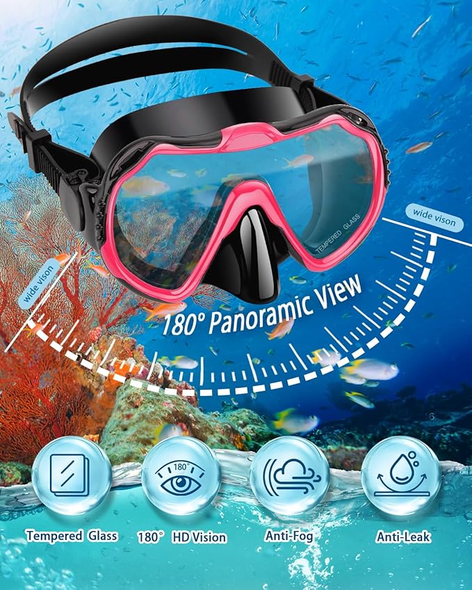 Snorkeling Gear for Adults, Adult Snorkel Set with Panoramic Anti-Leak and Anti-Fog Tempered Glass Snorkel Mask, Dry Top Snorkel, Snorkle Mask Set Adult with Mesh Bag Ear Plug for Snorkeling
