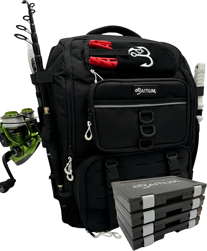 Baitium Fishing Backpack, Tackle Bag With Rod Holders, 40L Capacity With Cooler, Rain Cover, Insulated Pocket, 4 Tackle Trays Included (Jet Black)